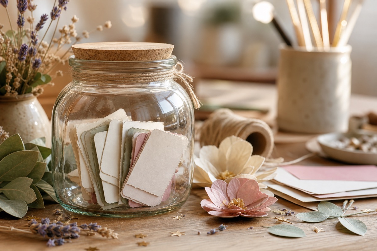 A glass jar filled with blank conversation prompt cards beside dried flowers and craft materials