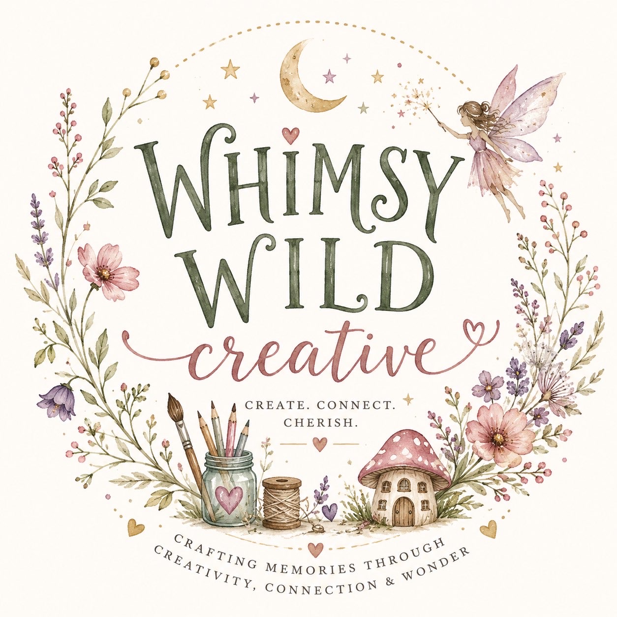 Illustrated Whimsy and Wild Creative artwork with flowers, craft materials, and soft woodland details